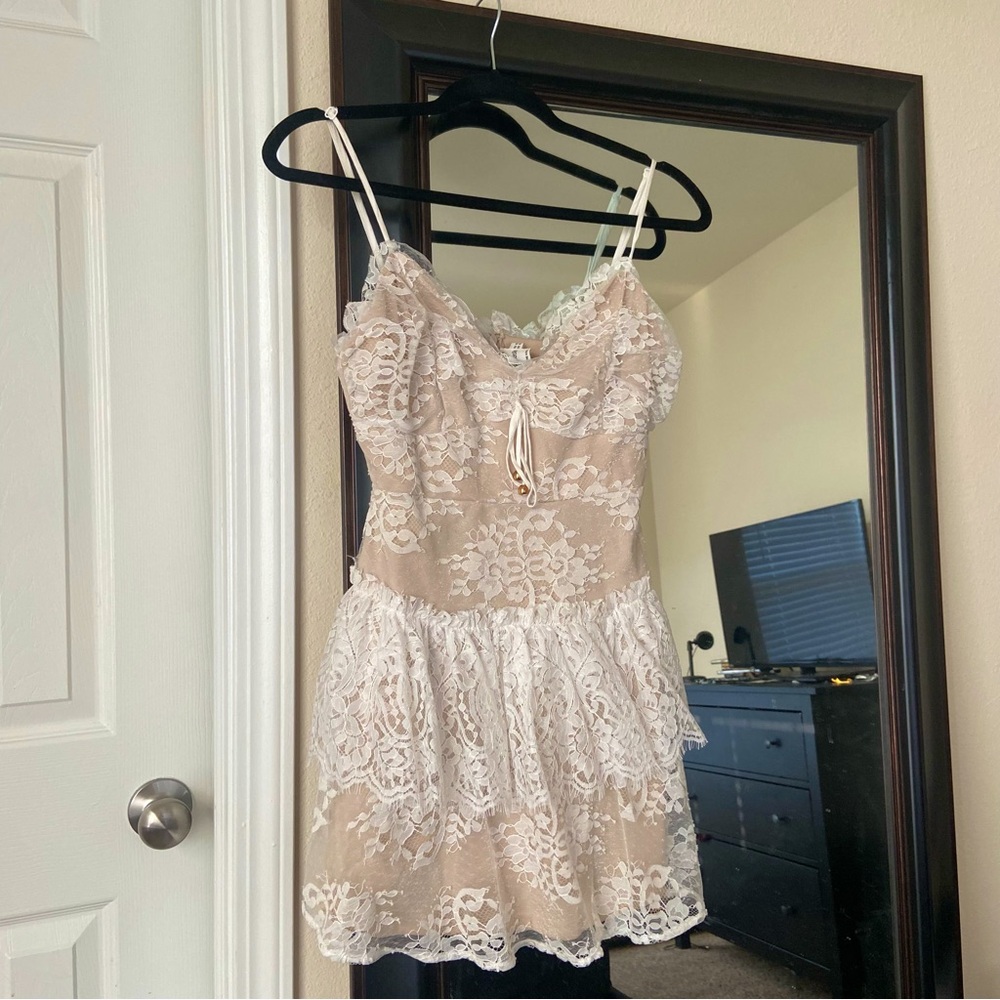Selfie Leslie white & nude lace mini dress